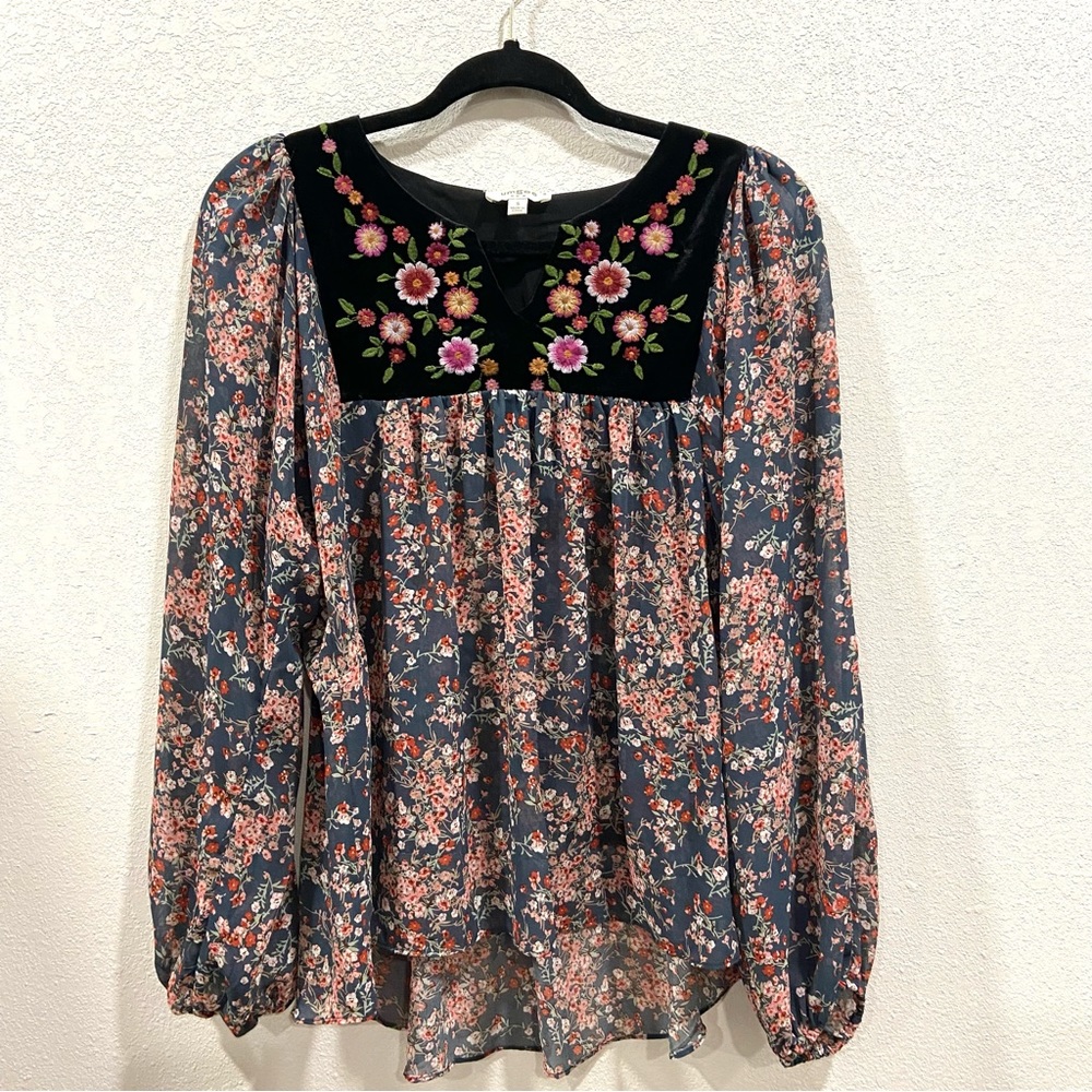 Umgee Womens Peasant Top Size S Sheer Floral Velvet Embroidered‎ Split Neck